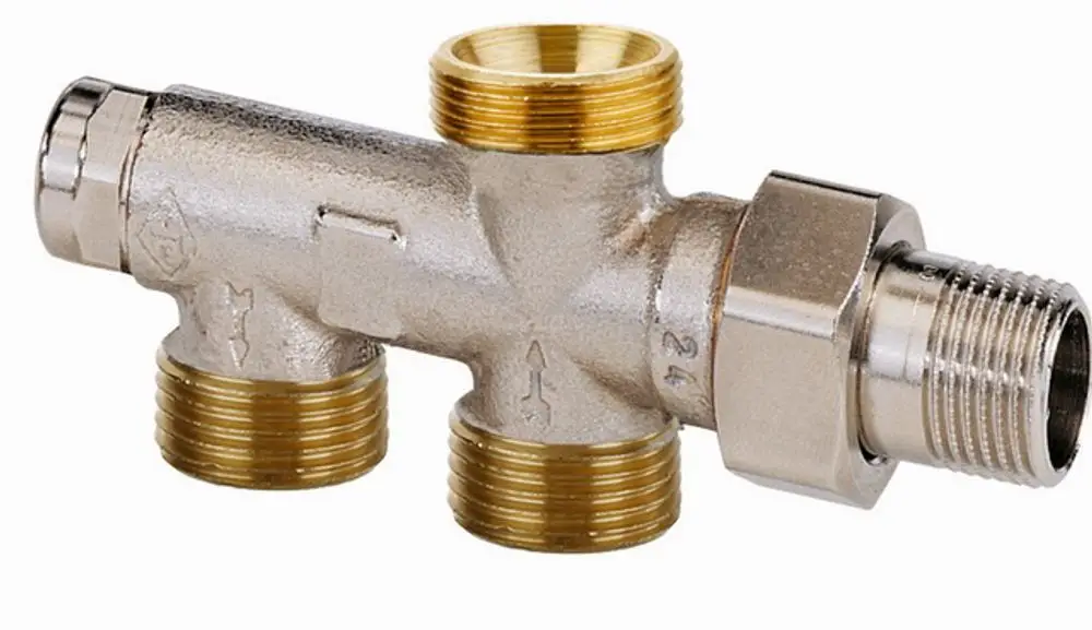 Zweirohrverteiler mit vier Anschlussgewinden, zwei davon mit Absperrfunktion und einem Voreinstellventil. Produkt von IMI Hydronic Engineering.